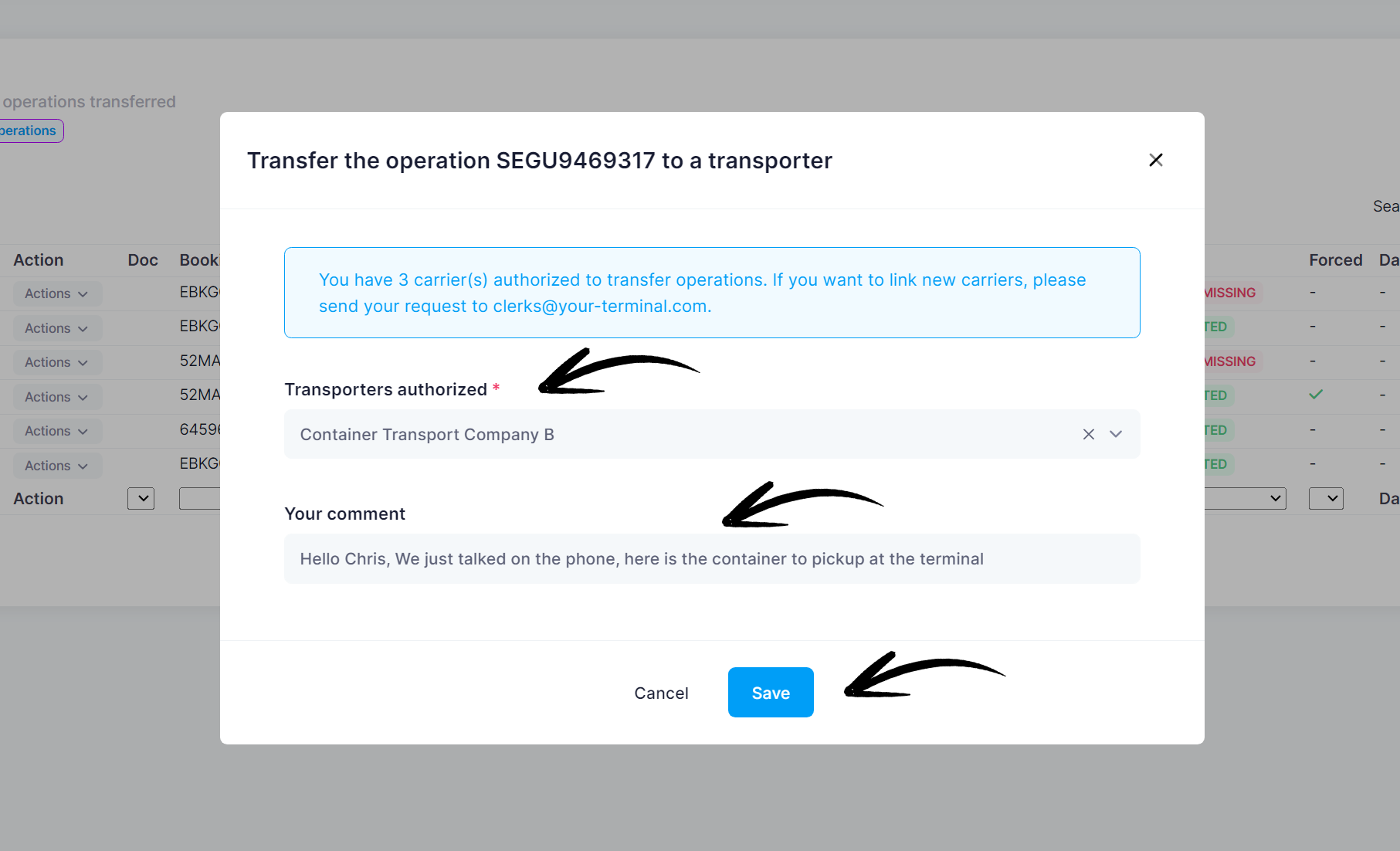 Ai Vehicle Booking System updates 08april2024: transfer an operation (container movement) to another carrier